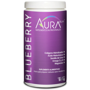 Colágeno Blueberry. Colágeno Hidrolizado, Ácido Hialuronico, Omega 3, Omega 6, Semilla de Uva, Extracto de Te Verde. 500 gr.