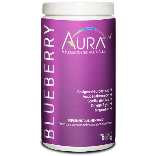 Colágeno Blueberry. Colágeno Hidrolizado, Ácido Hialuronico, Omega 3, Omega 6, Semilla de Uva, Extracto de Te Verde. 500 gr.